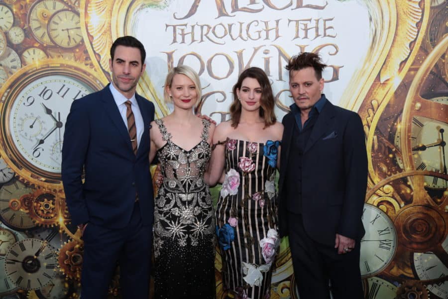 Sacha Baron Cohen, Mia Wasikowska, Anne Hathaway and Johnny Depp pose together at The US Premiere of Disney's "Alice Through the Looking Glass" at the El Capitan Theater in Los Angeles, CA on Monday, May 23, 2016. .(Photo: Alex J. 