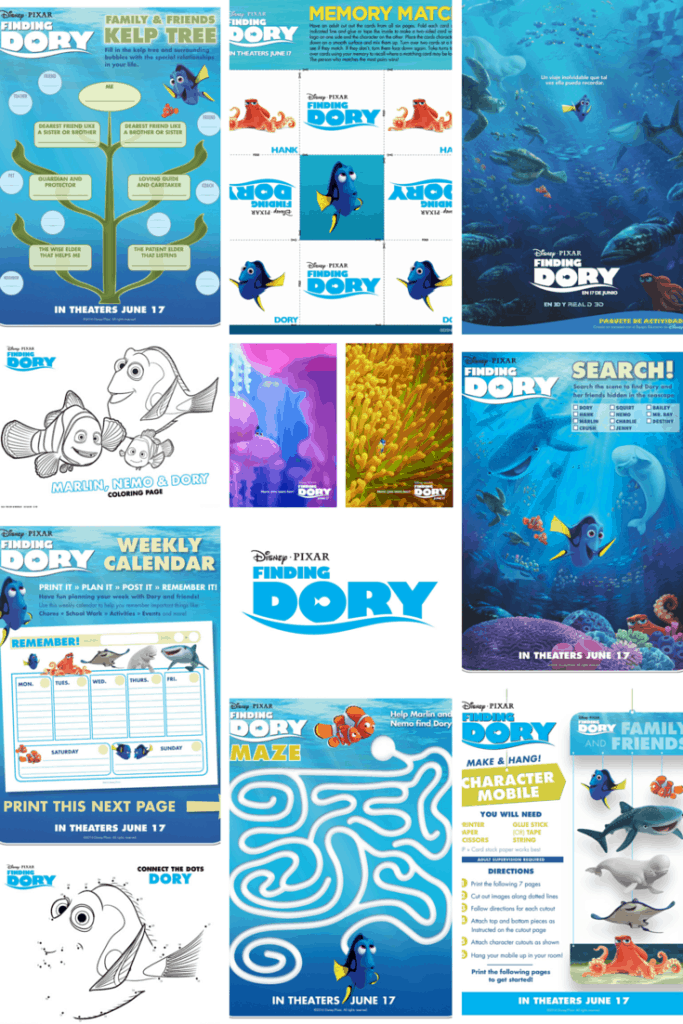 Finding Dory activities for kids, educational packet, coloring pages, scene search, maze, match game, and more!