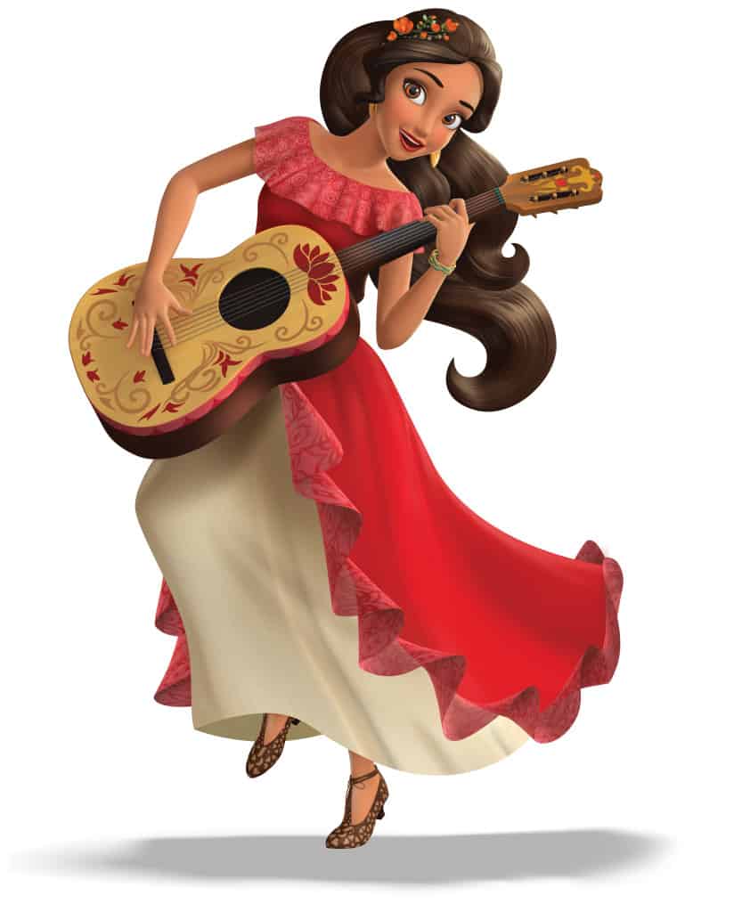Elena of Avalor dancing with and playing the guitar