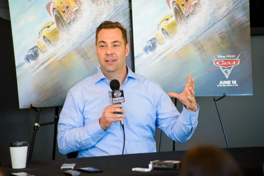 The "Cars 3" Long Lead Press Days, held at Sonoma Raceway, including presentations by filmmakers, a press conference with (left to right) Producer Kevin Reher, Co-Producer Andrea Warren and Director Brian Fee, and raceway activities, held on March 28, 2017 in Sonoma, Calif. (Photo by Marc Flores)