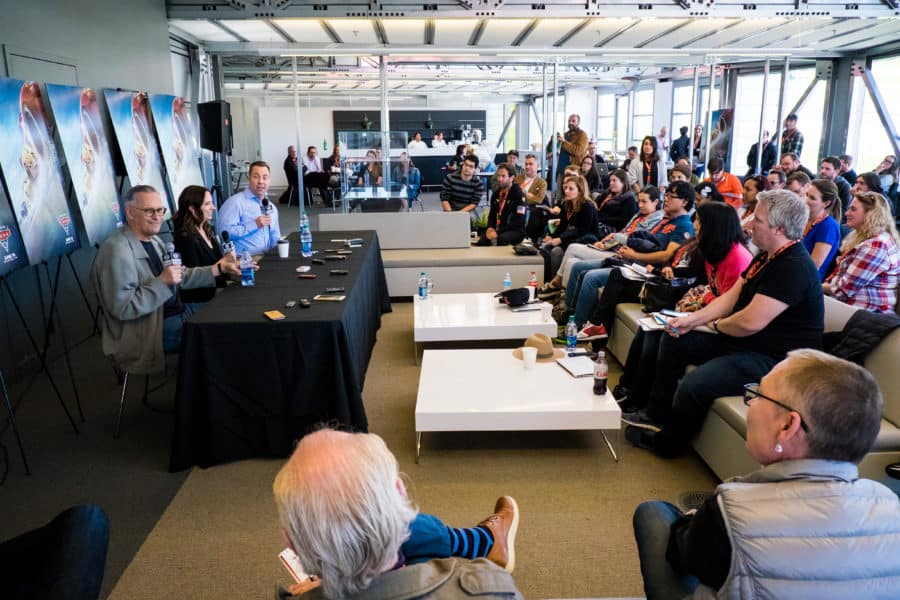 The "Cars 3" Long Lead Press Days, held at Sonoma Raceway, including presentations by filmmakers, a press conference with (left to right) Producer Kevin Reher, Co-Producer Andrea Warren and Director Brian Fee, and raceway activities, held on March 28, 2017 in Sonoma, Calif. (Photo by Marc Flores)