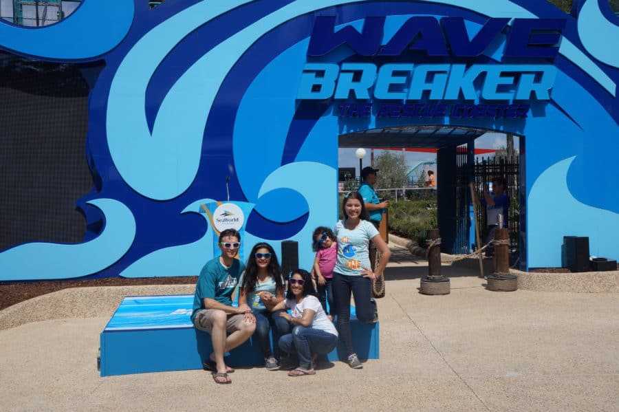 The Positive Mom family at the Wave Breaker: the Rescue Coaster at SeaWorld San Antonio in Texas