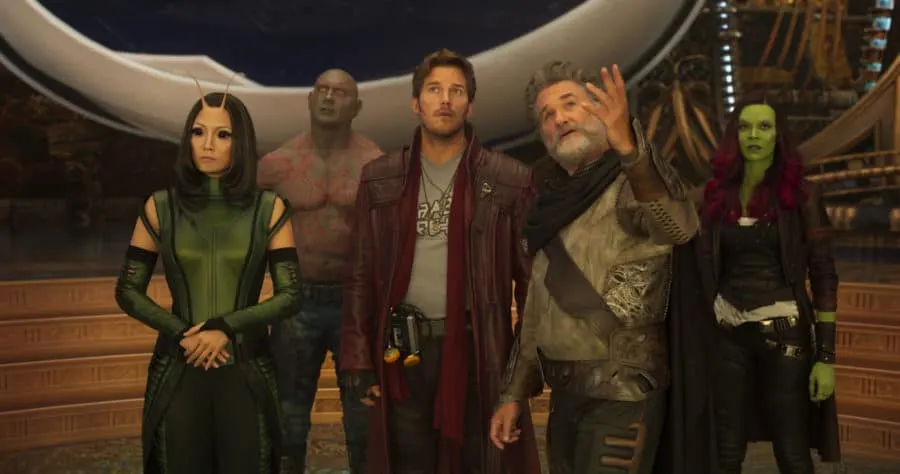 Guardians Of The Galaxy Vol. 2..L to R: Mantis (Pom Klementieff), Drax (Dave Bautista), Star-Lord/Peter Quill (Chris Pratt), Ego (Kurt Russell) and Gamora (Zoe Saldana)..Ph: Film Frame..©Marvel Studios 2017 Guardians Of The Galaxy Vol. 2..L to R: Mantis (Pom Klementieff), Drax (Dave Bautista), Star-Lord/Peter Quill (Chris Pratt), Ego (Kurt Russell) and Gamora (Zoe Saldana)..Ph: Film Frame..©Marvel Studios 2017