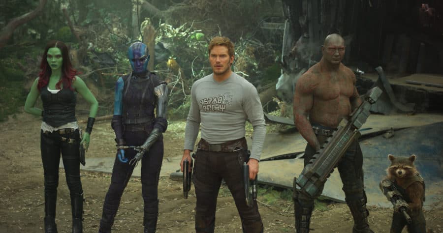 Guardians Of The Galaxy Vol. 2..L to R: Gamora (Zoe Saldana), Nebula (Karen Gillan), Star-Lord/Peter Quill (Chris Pratt), Drax (Dave Bautista) and Rocket (voiced by Bradley Cooper) ..Ph: Film Frame..©Marvel Studios 2017