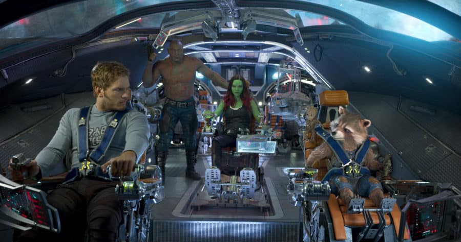 Guardians Of The Galaxy Vol. 2..L to R: Star-Lord/Peter Quill (Chris Pratt), Drax (Dave Bautista), Gamora (Zoe Saldana), Groot (voiced by Vin Diesel) and Rocket (voiced by Bradley Cooper)..Ph: Film Frame..©Marvel Studios 2017