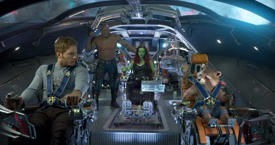 Guardians Of The Galaxy Vol. 2..L to R: Star-Lord/Peter Quill (Chris Pratt), Drax (Dave Bautista), Gamora (Zoe Saldana), Groot (voiced by Vin Diesel) and Rocket (voiced by Bradley Cooper)..Ph: Film Frame..©Marvel Studios 2017 Guardians Of The Galaxy Vol. 2..L to R: Star-Lord/Peter Quill (Chris Pratt), Drax (Dave Bautista), Gamora (Zoe Saldana), Groot (voiced by Vin Diesel) and Rocket (voiced by Bradley Cooper)..Ph: Film Frame..©Marvel Studios 2017