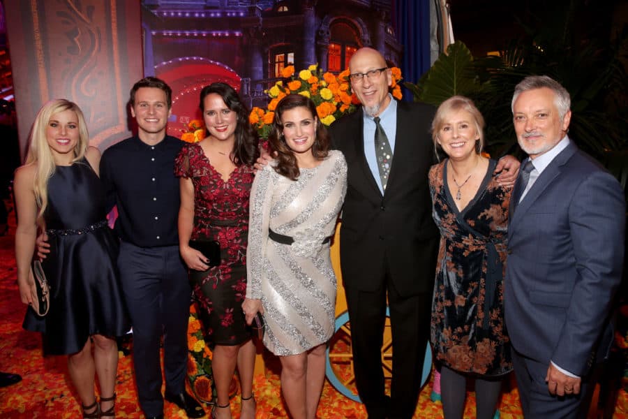 HOLLYWOOD, CA - NOVEMBER 08: (L-R) Songwriter Elyssa Samsel, Actor Jonathan Groff, Songwriter Kate Anderson, Actor Idina Menzel, Producer Roy Conli, and Directors Stevie Wermers-Skelton and Kevin Deters of "Olafs Frozen Adventure" at the U.S. Premiere of Disney-Pixars "Coco" at the El Capitan Theatre on November 8, 2017, in Hollywood, California. "Olafs Frozen Adventure" featurette opens in front of Disney-Pixars original feature Coco for a limited time. (Photo by Jesse Grant/Getty Images for Disney) *** Local Caption *** Roy Conli; Stevie Wermers-Skelton; Kevin Deters; Elyssa Samsel; Kate Anderson; Jonathan Groff; Idina Menzel