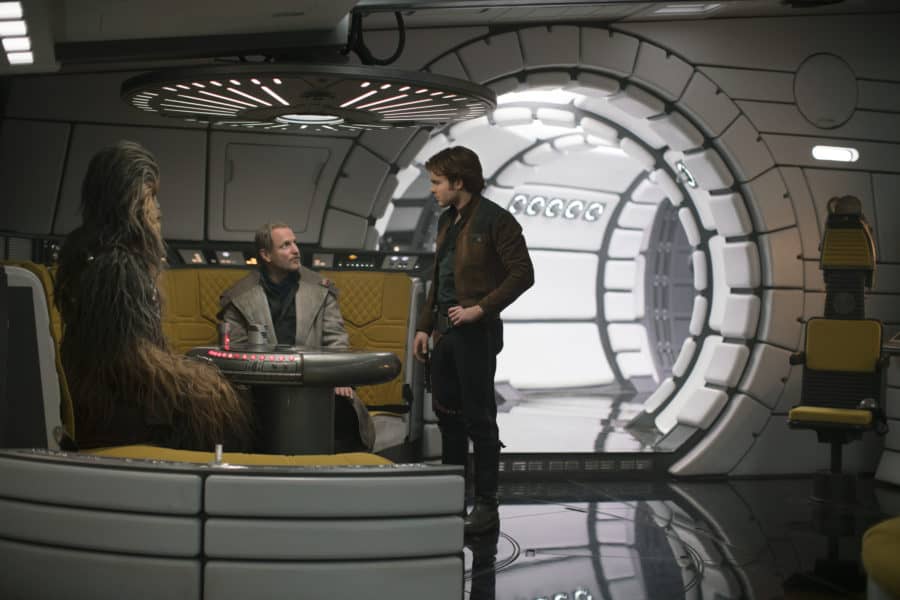 Joonas Suotamo is Chewbacca, Woody Harrelson is Beckett and Alden Ehrenreich is Han Solo in SOLO: A STAR WARS STORY.
