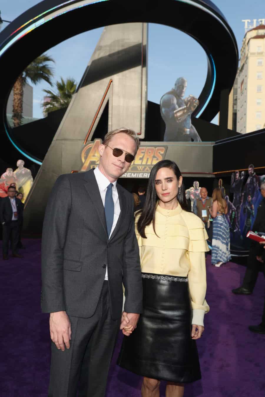 HOLLYWOOD, CA - APRIL 23:  Actors Paul Bettany (L) and Jennifer Connelly attend the Los Angeles Global Premiere for Marvel Studios Avengers: Infinity War on April 23, 2018 in Hollywood, California.  (Photo by Rich Polk/Getty Images for Disney) *** Local Caption *** Jennifer Connelly; Paul Bettany
