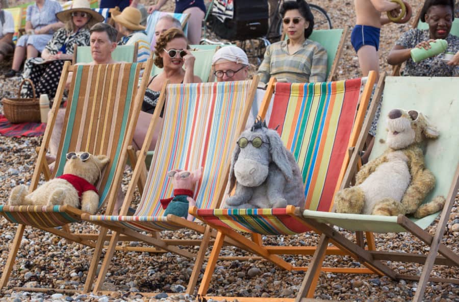Winnie the Pooh, Piglet, Eeyore and Tigger relax at the beach in Disney’s CHRISTOPHER ROBIN.