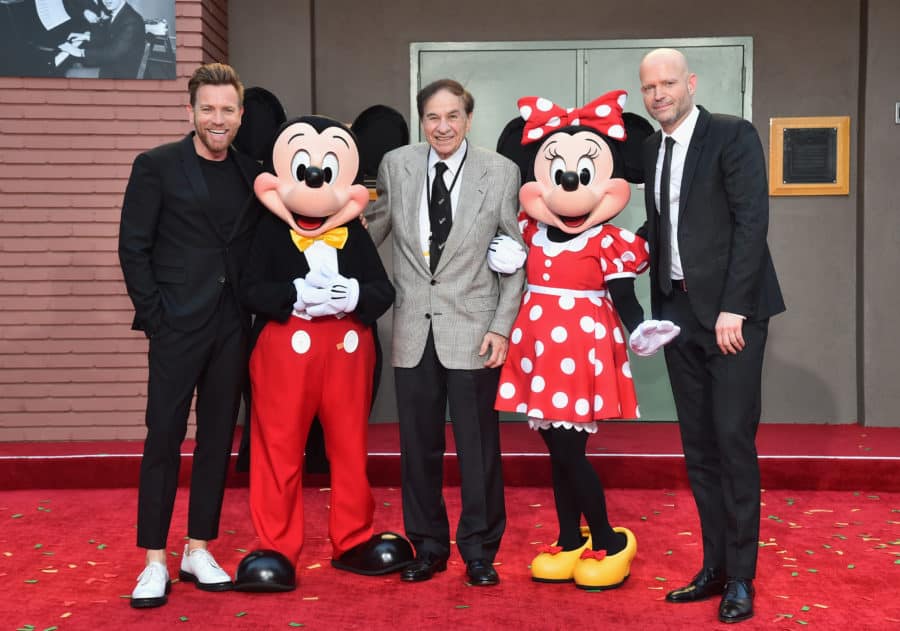 BURBANK, CA - JULY 30: (L-R) Actor Ewan McGregor, Mickey Mouse, Songwriter Richard M. Sherman, Minnie Mouse and Director Marc Forster attend the dedication and re-naming of the historic Orchestra Stage, now the Sherman Brothers Stage A, on the Disney Burbank lot prior to the world premiere of Disney's 'Christopher Robin' at the studio's Main Theater, on July 30, 2018. (Photo by Alberto E. Rodriguez/Getty Images for Disney) *** Local Caption *** Ewan McGregor; Minnie Mouse; Mickey Mouse; Richard M. Sherman; Marc Forster