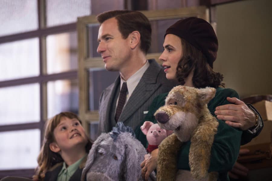 Madeline Robin (Bronte Carmichael), Christopher Robin (Ewan McGregor), Evelyn Robin (Hayley Atwell), Eeyore, Piglet and Tigger in Disney’s live-action adventure CHRISTOPHER ROBIN.