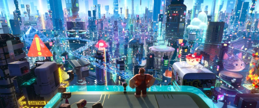 Ralph Breaks the Internet: LIGHTING – Lighting is among the final stages of shot production in animation, though the lighting department is integral to the look of the film as production gets underway. Lighting artists can place individual lights within a scene, but for a scene as big as the one in which Ralph and Vanellope visit the internet for the first time, technology is utilized to place multiples of similar lights—like those on a building, for example—creating a more efficient process for dealing with a massive and diverse number of light sources. Brian Leach is the director of cinematography, lighting for “Ralph Breaks the Internet,” which opens in U.S. theaters on Nov. 21, 2018. ©2018 Disney. All Rights Reserved.