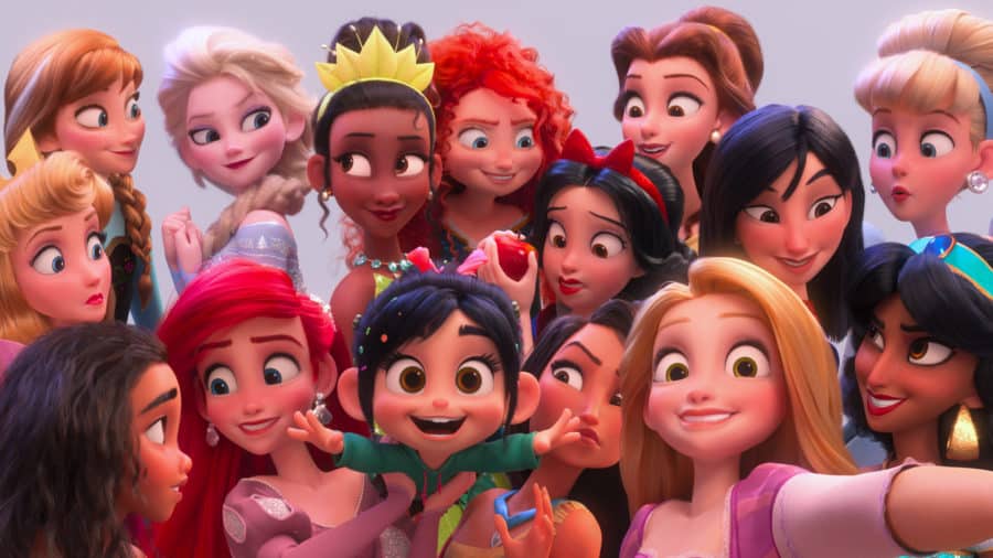 SELFIE!  In Ralph Breaks the Internet, Vanellope von Schweetz hits the internet where she encounters and then befriends the Disney princesses. Filmmakers invited the original voice talent to return to the studio to help bring their characters to life, including Sarah Silverman (Vanellope in Ralph Breaks the Internet), Aulii Cravalho (Moana), Kristen Bell (Anna in Frozen), Idina Menzel (Elsa in Frozen), Kelly MacDonald (Merida in Brave), Mandy Moore (Rapunzel in Tangled), Anika Noni Rose (Tiana in The Princess and the Frog), Ming-Na Wen (Mulan), Irene Bedard (Pocahontas), Linda Larkin (Jasmine in Aladdin), Paige OHara (Belle in Beauty and the Beast), and Jodi Benson (Ariel in The Little Mermaid). ©2018 Disney. All Rights Reserved.