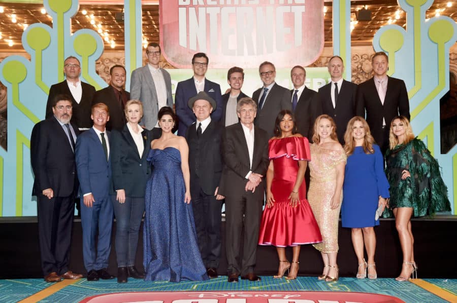 HOLLYWOOD, CA - NOVEMBER 05: (Top L-R) Composer Henry Jackman, Raymond S. Persi, Actor Timothy Simons, Director/Screenwriter Phil Johnston, actor Sean Giambrone, Director Rich Moore, Producer Clark Spencer, Executive Music Producer Tom MacDougall, and actor Alan Tudyk, (Bottom L-R) Actors Alfred Molina, Jack McBrayer, Jane Lynch, Sarah Silverman, and John C. Reilly, Chairman, The Walt Disney Studios, Alan Horn, actor Taraji P. Henson, Screenwriter/Actor Pamela Ribon, Executive Producer Jennifer Lee, and Singer Julia Michaels attend the World Premiere of Disney's "RALPH BREAKS THE INTERNET" at the El Capitan Theatre on November 5, 2018 in Hollywood, California. (Photo by Alberto E. Rodriguez/Getty Images for Disney) *** Local Caption *** Henry Jackman; Raymond S. Persi; Timothy Simons; Phil Johnston; Rich Moore; Clark Spencer; Tom MacDougall; Alan Tudyk; Alfred Molina; Jane Lynch; Sarah Silverman; Alan Bergman; Jack McBrayer; John C. Reilly; Alan Horn; Taraji P. Henson; Sean Giambrone; Pamela Ribon; Jennifer Lee; Julia Michaels