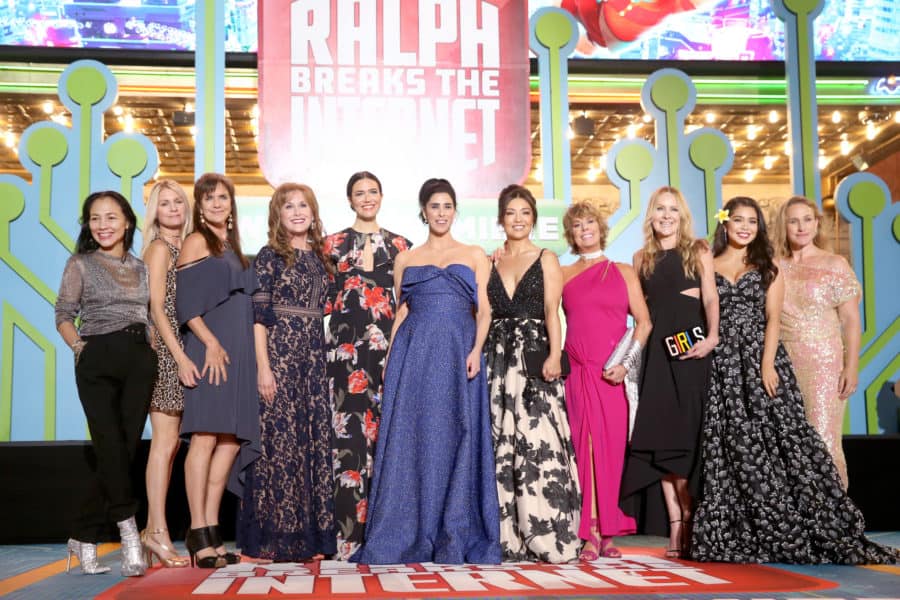 HOLLYWOOD, CA - NOVEMBER 05: (L-R) Actors Irene Bedard voice of Pocahontas, Kate Higgins voice of Aurora, Jennifer Hale voice of Cinderella, Jodi Benson voice of Ariel, Mandy Moore voice of Rapunzel, Sarah Silverman voice of Vanellope, Ming-Na Wen voice of Mulan, Paige O'Hara voice of Belle, Linda Larkin voice of Jasmine, Auli'i Cravalho voice of Moana, and Pamela Ribon voice of Snow White attend the World Premiere of Disney's "RALPH BREAKS THE INTERNET" at the El Capitan Theatre on November 5, 2018 in Hollywood, California. (Photo by Jesse Grant/Getty Images for Disney) *** Local Caption *** Jennifer Hale; Kate Higgins; Jodi Benson; Mandy Moore; Sarah Silverman; Ming-Na Wen; Paige O'Hara; Linda Larkin; Auli'i Cravalho; Pamela Ribon