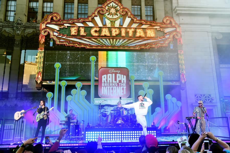 HOLLYWOOD, CA - NOVEMBER 05: (L-R) Musicians Wayne Sermon, Daniel Platzman, Dan Reynolds, and Ben McKee of Imagine Dragons perform onstage at the World Premiere of Disney's "RALPH BREAKS THE INTERNET" at the El Capitan Theatre on November 5, 2018 in Hollywood, California. (Photo by Alberto E. Rodriguez/Getty Images for Disney) *** Local Caption *** Wayne Sermon; Dan Reynolds; Daniel Platzman; Ben McKee