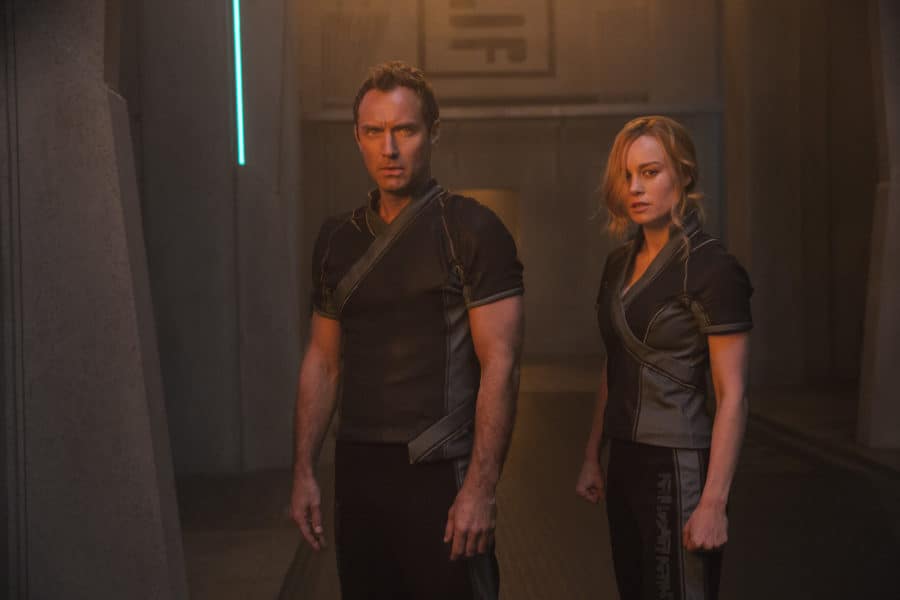 Marvel Studios' CAPTAIN MARVEL..L to R: Leader of Starforce (Jude Law) and Carol Danvers/Captain Marvel (Brie Larson)..Photo: Chuck Zlotnick..©Marvel Studios 2019