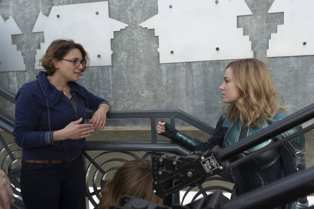 Marvel Studios' CAPTAIN MARVEL..L to R: Director Anna Boden and Brie Larson (Captain Marvel) on set...Photo: Chuck Zlotnick..©Marvel Studios 2019