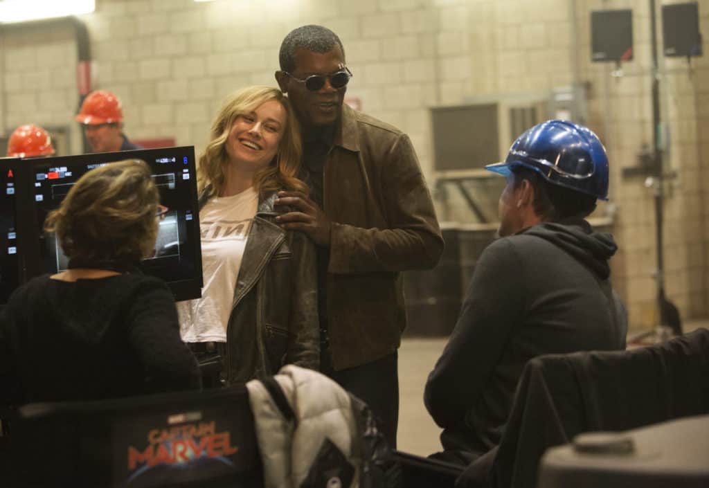 Marvel Studios' CAPTAIN MARVEL..L to R: Director Anna Boden, Brie Larson, Samuel L. Jackson, and Director Ryan Fleck..Photo: Chuck Zlotnick..©Marvel Studios 2019