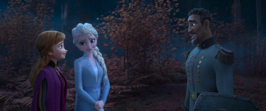 FAMILIAR FACE -- In Walt Disney Animation Studios’ “Frozen 2,” Anna (voice of Kristen Bell) and Elsa (voice of Idina Menzel) meet Lieutenant Destin Mattias in the enchanted forest. They recognize him from portraits in their castle as one of their father’s protectors from long ago. “Frozen 2” opens in U.S. theaters on Nov. 22, 2019. © 2019 Disney. All Rights Reserved.