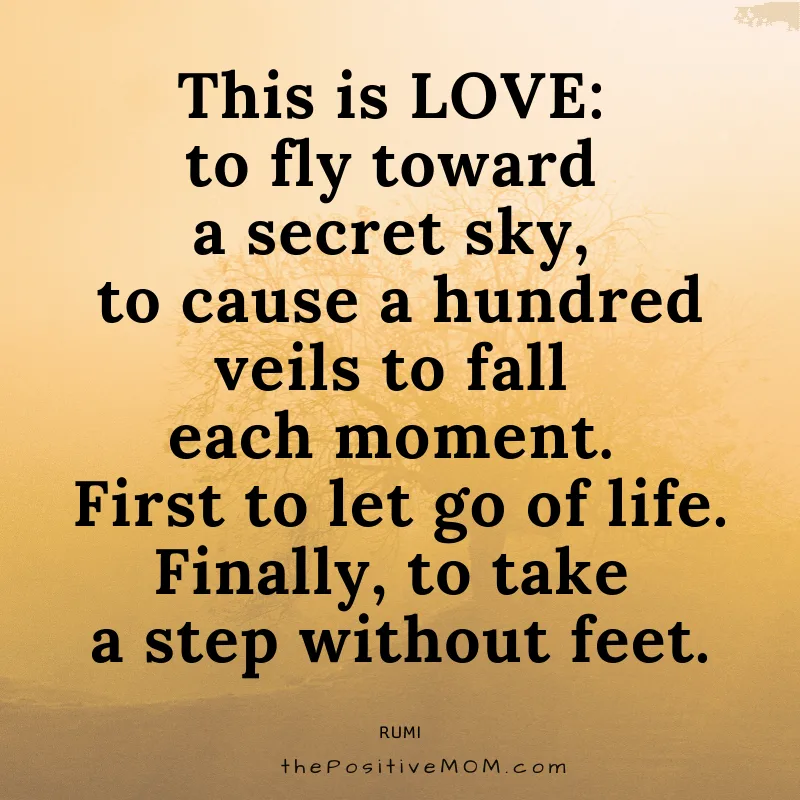 This is love: to fly toward a secret sky, to cause a hundred veils to fall each moment. First to let go of life. Finally, to take a step without feet. ~ Rumi quote about love